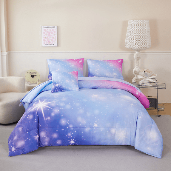 PERFEMET 6 Pieces Blue Girls Twin Galaxy Comforter Set Starry Sky Sparkle Gradient Bedding Set Ultra Soft Bed in a Bag(Blue,Twin)