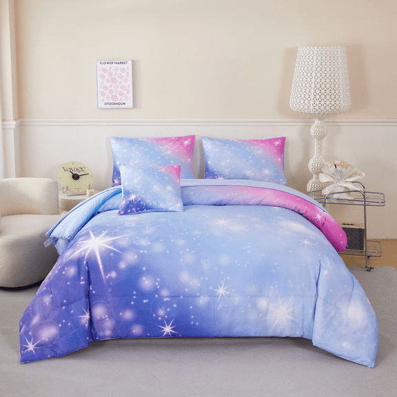 PERFEMET 6 Pieces Blue Girls Twin Galaxy Comforter Set Starry Sky Sparkle Gradient Bedding Set Ultra Soft Bed in a Bag(Blue,Twin)