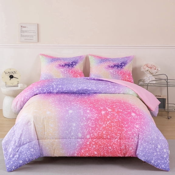 PERFEMET 3 Pieces Rainbow Light Purple Queen Comforter Set for Girls Kids Dreamy Tie Dye Starry Sky Bed Set with Pillowcases for All Season