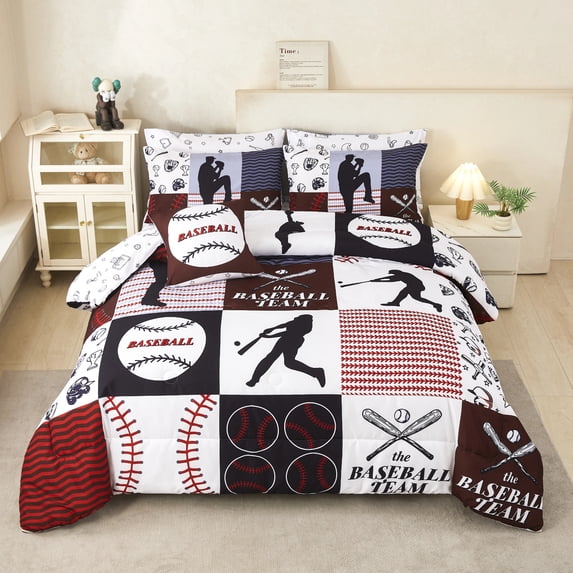 PERFEMET Red Twin Size Baseball Comforter Set 6Pcs Reversible Boy Sport Bedding Set Lighweight Athletic Ball Prints Bed in a Bag for All Season(Red,Twin)