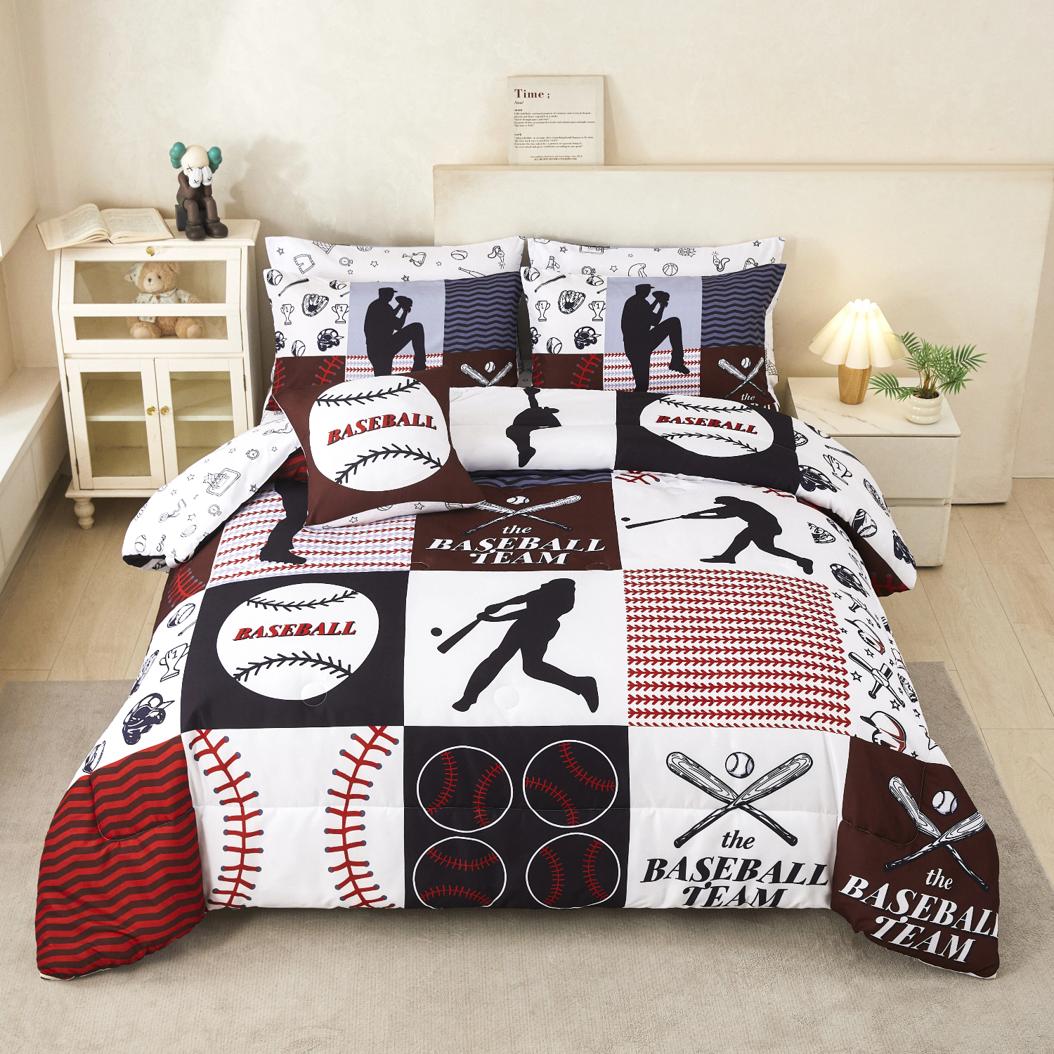 PERFEMET Red Twin Size Baseball Comforter Set 6Pcs Reversible Boy Sport Bedding Set Lighweight Athletic Ball Prints Bed in a Bag for All Season(Red,Twin)
