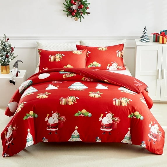 PERFEMET 3Pcs Full Size Christmas Themed Comforter Set Santa Pattern Red Xmas Comforter with 2 Matching Pillowcases Cozy Holiday Bedding for Kids Teens