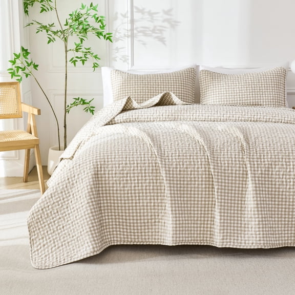 PERFEMET Tan Brown Gingham Quilt Set Full 3Pcs Farmhouse Cottagecore Checkered Plaid Bedspread Coverlets Lightweight Grid Bedding for All Season(Tan,Full)