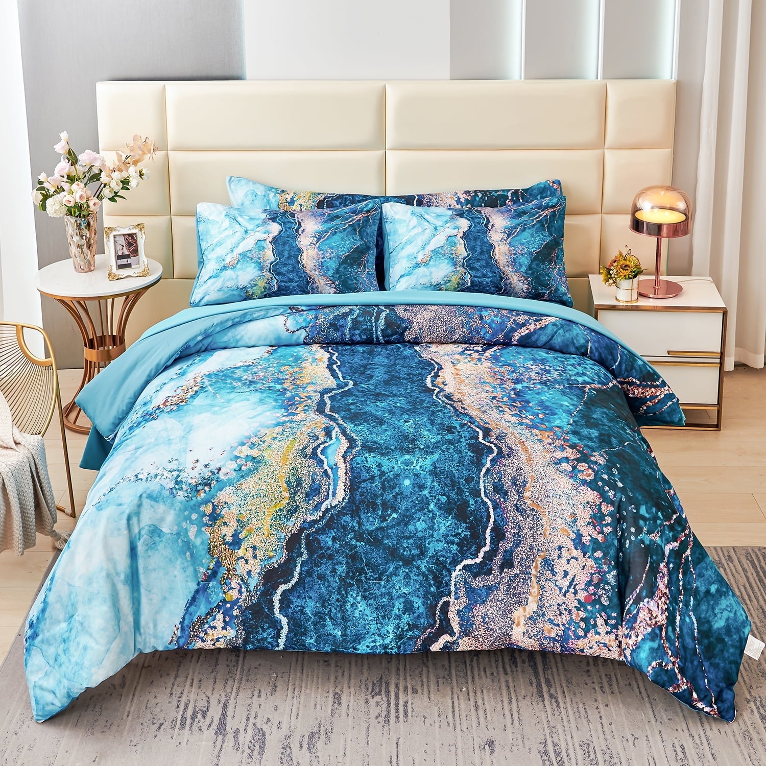 PERFEMET Teal Watercolor Marble Comforter Set 6 Pcs Queen Comforter with Sheets Set Bed in a Bag Bedding Set for Boys Women Men 100% Microfiber Quilt (Teal, Queen)