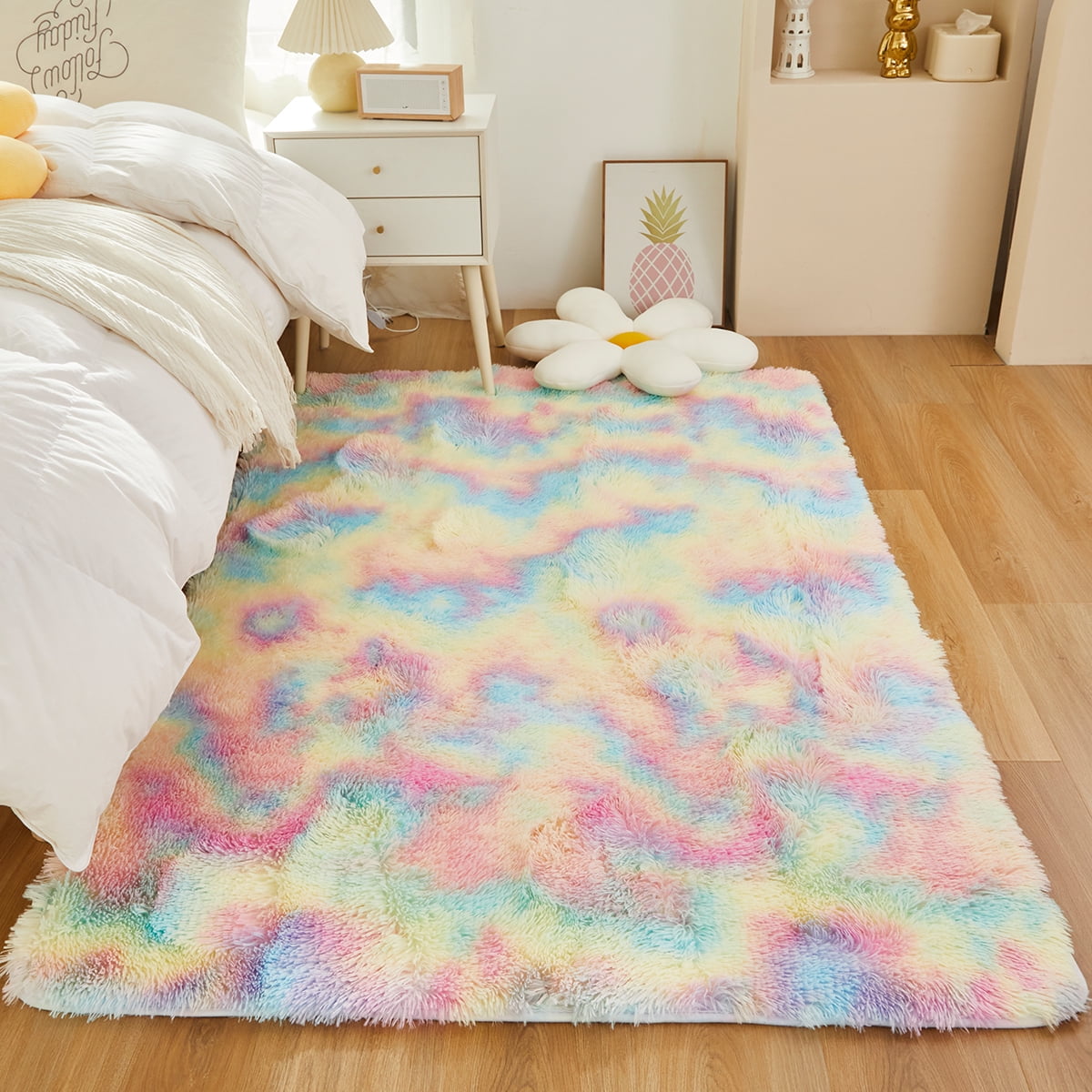 PERFEMET Tie Dye Plush Shag 3x5 Area Rugs Rainbow Faux Fur Carpet for