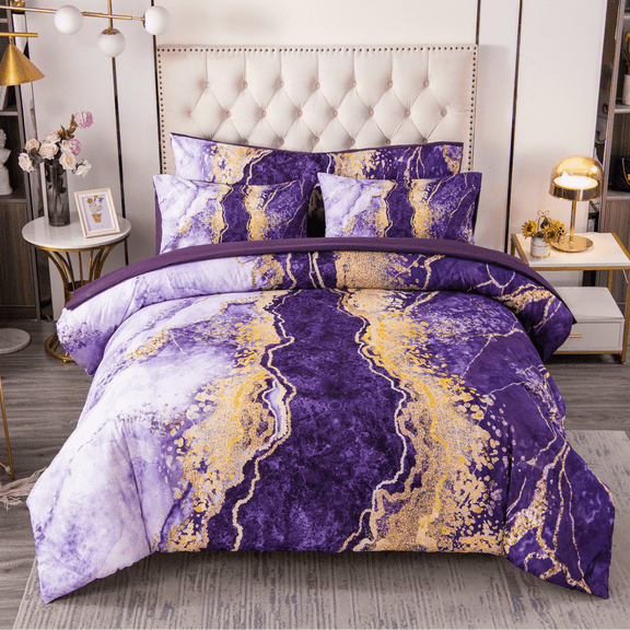 ZXJMHJ Purple King Size Comforter Set 6-Piece Marble Bedding Set,Ultra Soft All Season Bed Set with Comforter & Sheets for Women Men,Colorful Purple Bed in a Bag Bedding