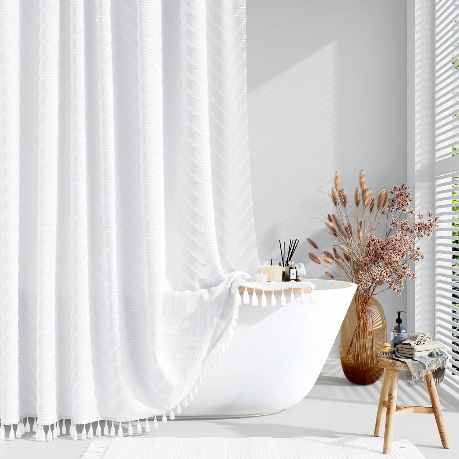PERFEMET White Boho Shower Curtains 72*72 Tufted Striped Bathroom