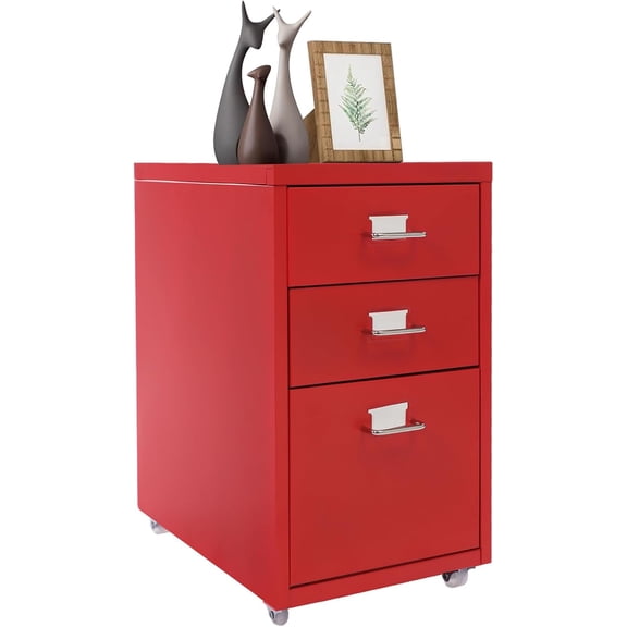 PERFERATE Metal Storage Cabinet 3 Drawer Mobile File Cabinets with Wheels Metal File Cabinet Under Desk Office Storage Cabinets Vertical Filing Cabinets for Home Office (Red)