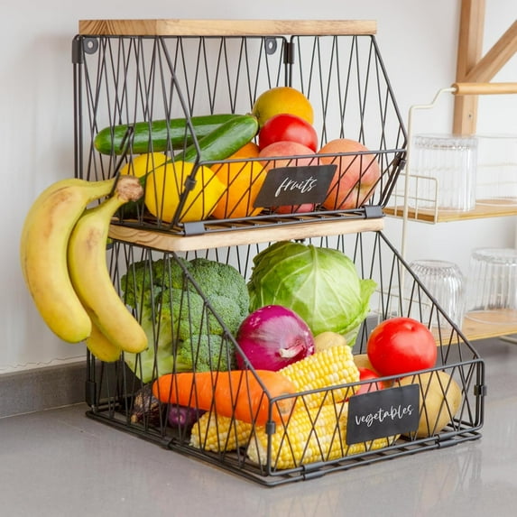 PERFNIQUE Fruit Basket, Wall Mounted Kitchen Storage, 2PCS Fruit Holder with Wooden Lid for Kitchen (Black, M & L)
