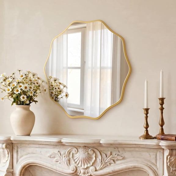 PERFNIQUE Gold Scalloped Mirror, 20'' Round Wall Mirrors Wavy Wood Framed for Bathroom Nursery Bedroom Living Room Entryway, Decorative Modern Wall Decor