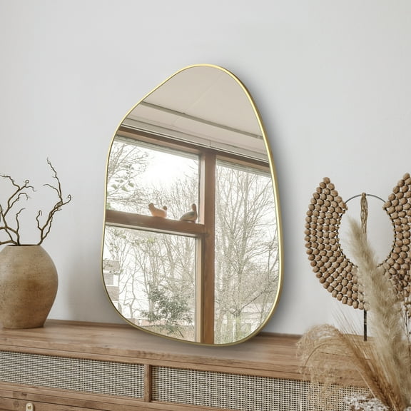 PERFNIQUE Irregular Wall Mirror Asymmetrical Mirror, 28''x20'' Golden Wood Framed Mirror for Bathroom Bedroom Living Room Entryway