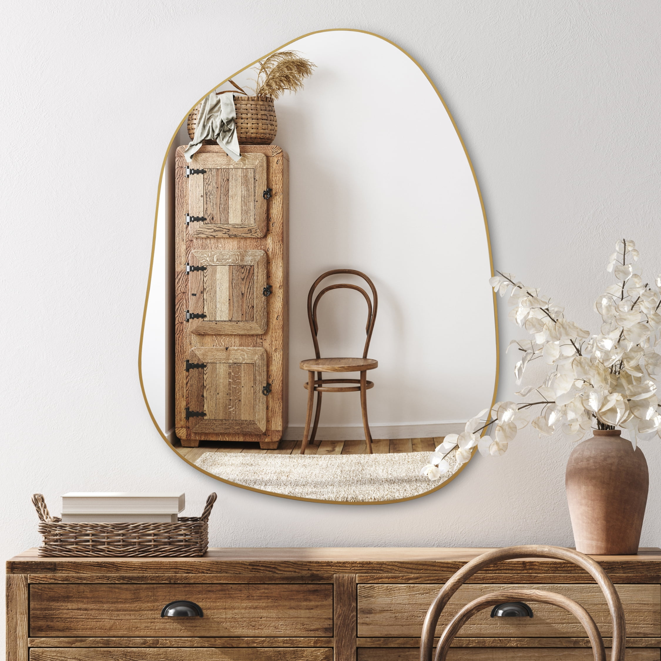 PERFNIQUE Irregular Wall Mirror Asymmetrical Mirror, 32''x24'' Golden Wood Framed Mirror for Bathroom Bedroom Living Room Entryway