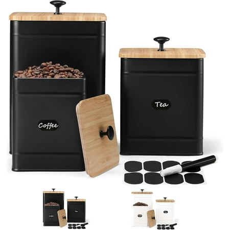 PERFNIQUE Kitchen Canisters for Countertop Set of 3, Airtight Canisters Sets for the Kitchen Counter with Lid, Metal Farmhouse Food Storage Containers Jars for Flour Sugar Coffee Tea Spice (Black)