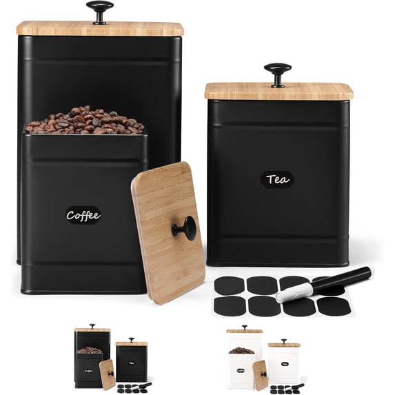 PERFNIQUE Kitchen Canisters for Countertop Set of 3, Airtight Canisters Sets for the Kitchen Counter with Lid, Metal Farmhouse Food Storage Containers Jars for Flour Sugar Coffee Tea Spice (Black)