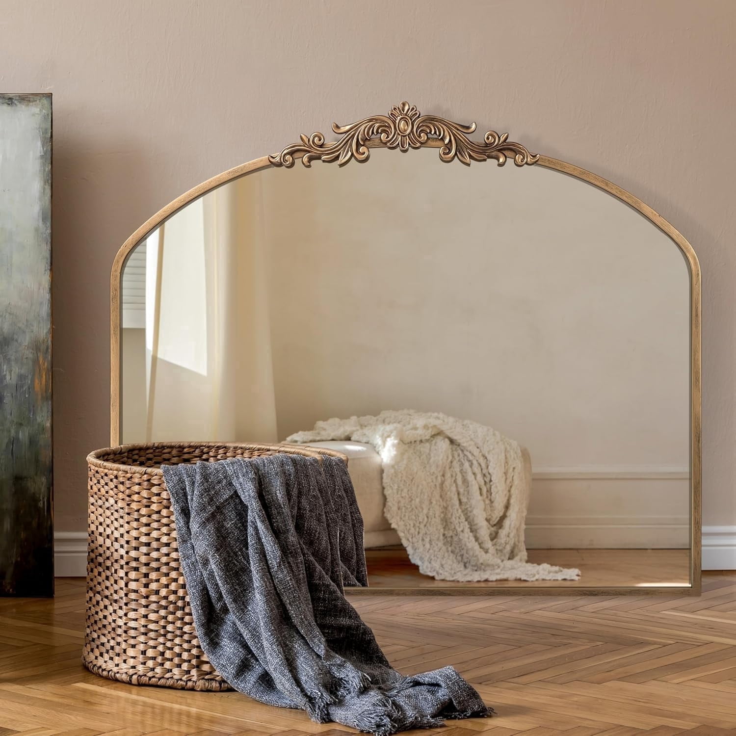 Kulpaw Vintage Arched Wall Mirror, 36" x 30" Gold Antique Baroque Mirror with Ornate Frame, Decorative Mirror for Bathroom, Living Room, Entryway, Hallway and F