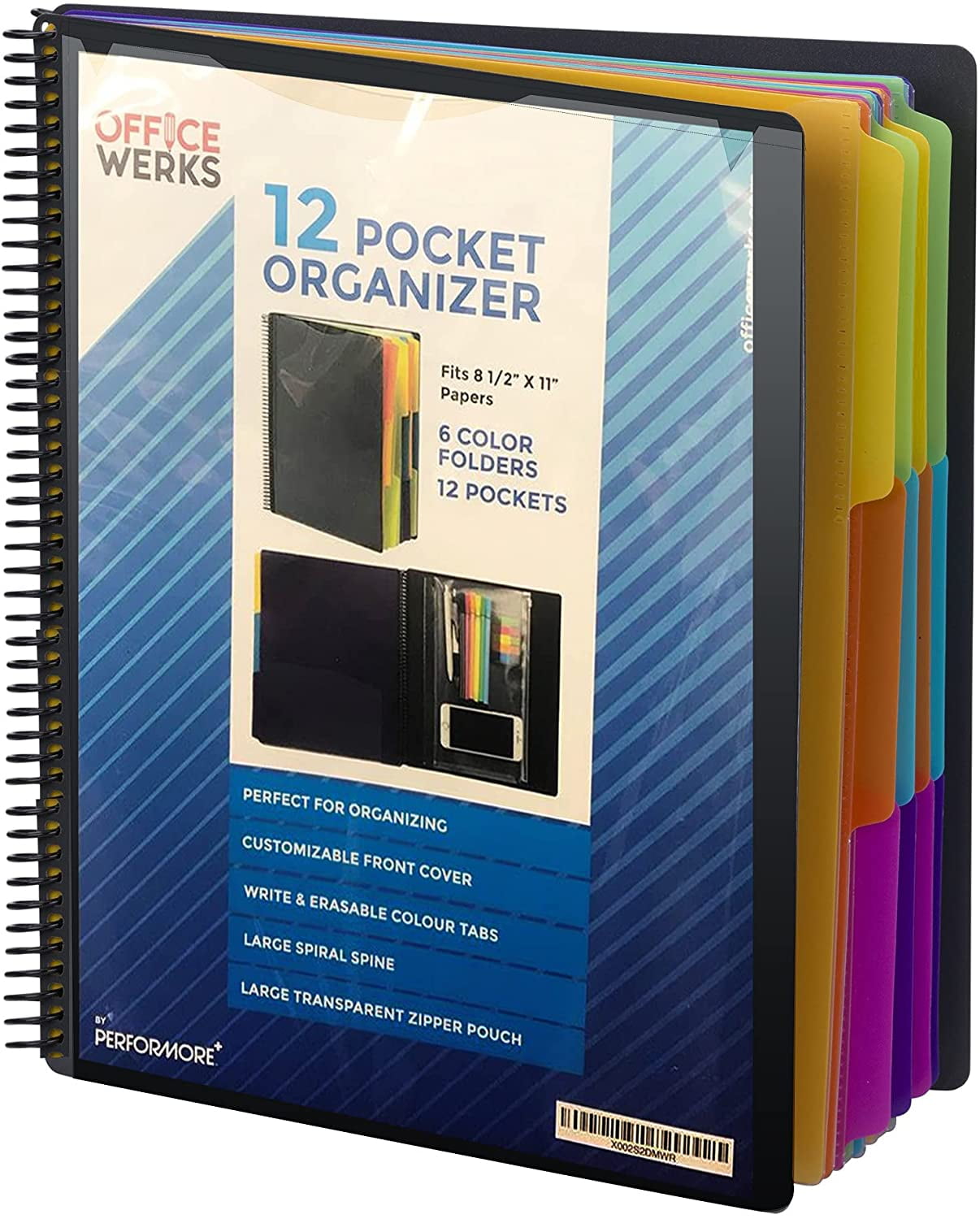 12 Pocket Project Organizer, Forvencer 1/6-cut Tab Binder Organizer w  Sticky Labels, Multi Pocket Folder with Zipper Pouch, Folder Binder Spiral