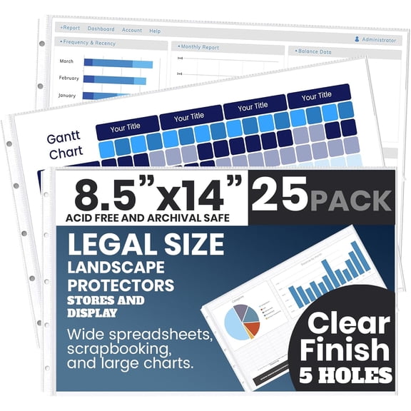 PERFORMORE 25 Pack of 8.5” x 14” Heavyweight Landscape Sheet Protectors, Legal Paper Sleeves, Clear Archival Quality, Horizontal Legal Size Clear Sheet Protectors for Binders Documents