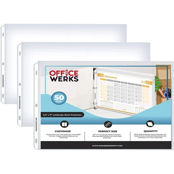 PERFORMORE 50 Pack of Landscape Sheet Protectors, 50 Microns Thick Plastic Sheets, Reinforced 3 Hole-Punched for 8.5 x 11-inch Paper, Acid-Free and Archival Safe, Non-Stick and Long-Lasting