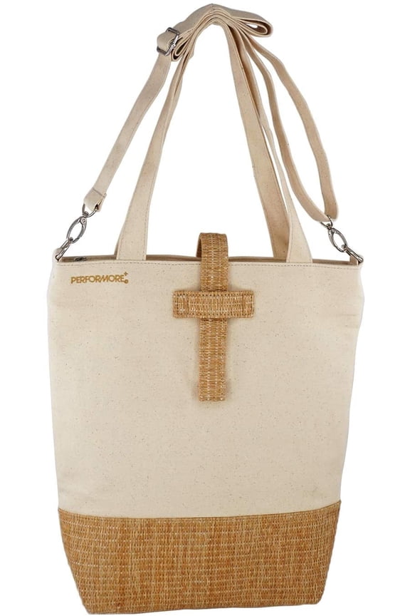Canvas & Rattan Bible Bag 13X13 with Shoulder Strap, Carry Straps, 2 Inside Pockets and Zipper
