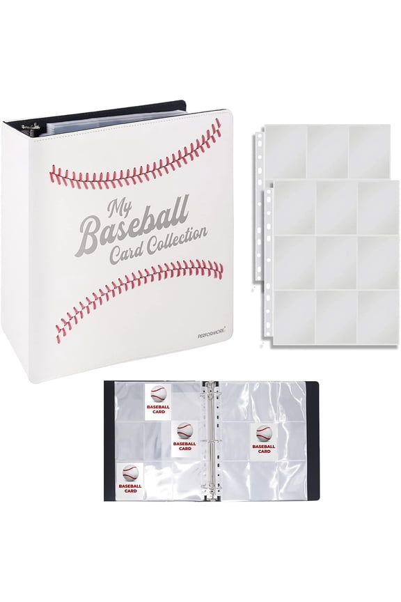 Hand-Stitched Baseball Card Binder, Red Stitching Baseball Card Collector Binder Album with 9-Pocket Sleeves for Sports Trading Cards, Includes 25 Sheet Protectors