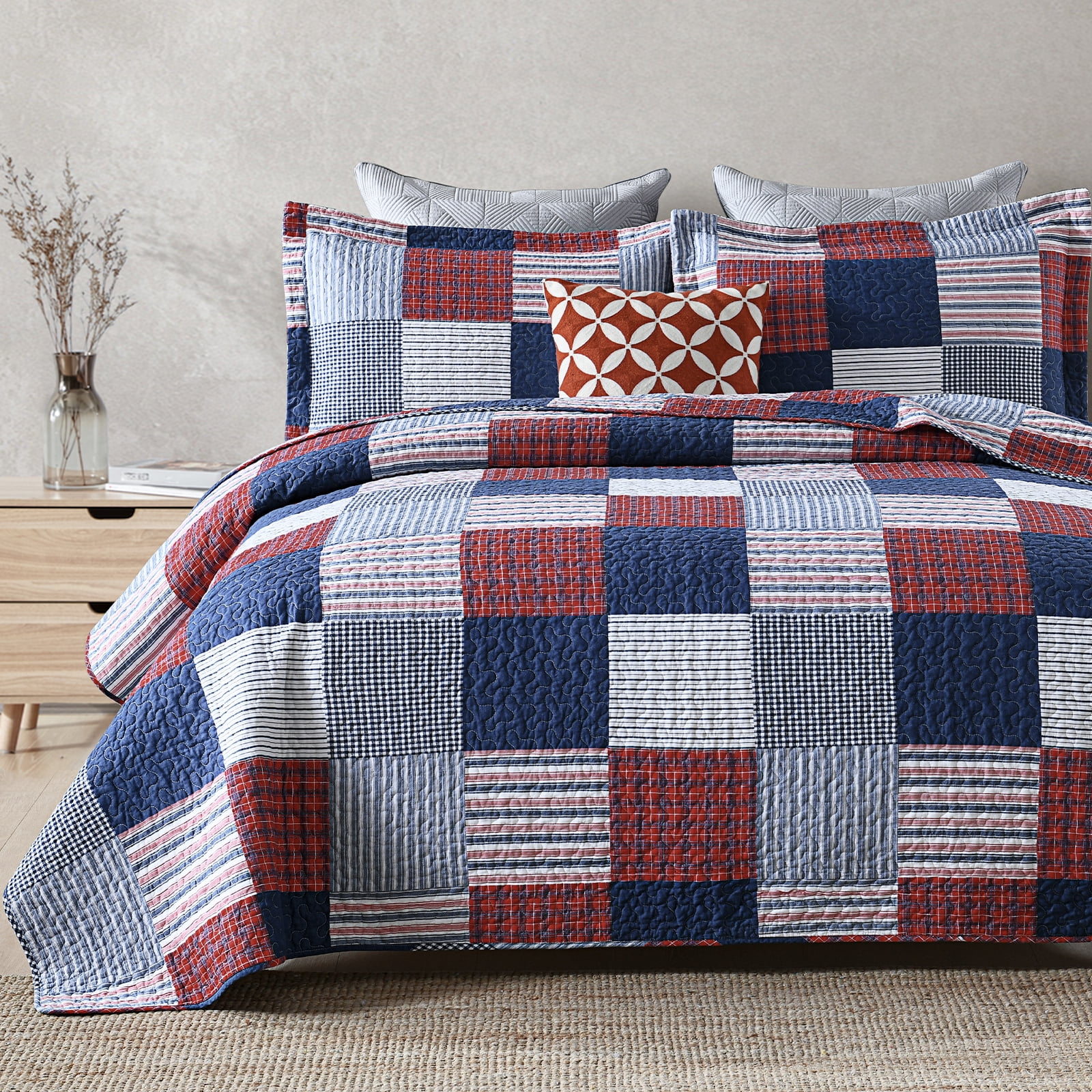 PERHOM 100% Cotton Quilt Set Queen Size, Farmhouse Patchwork Plaid ...