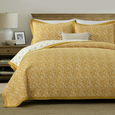 PERHOM 100% Cotton Quilt Set Queen Size, Yellow Plants Quilt Bedding Set Bedspread, Reversible Versatile Solid Color Chic Lightweight Quilted Comforter for Queen Bed, White/Yellow, All Season, 3 PCS
