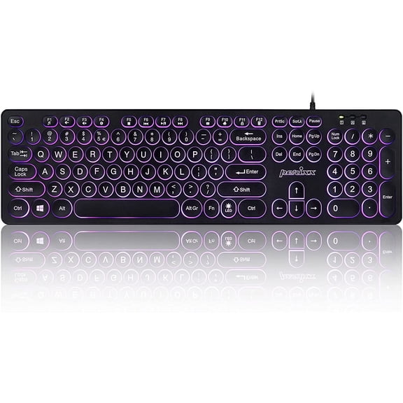 Perixx PERIBOARD-317R Wired Backlit USB Keyboard - Big Print Letter Tri-Color Illuminated LED Stylish Round Keycaps US English