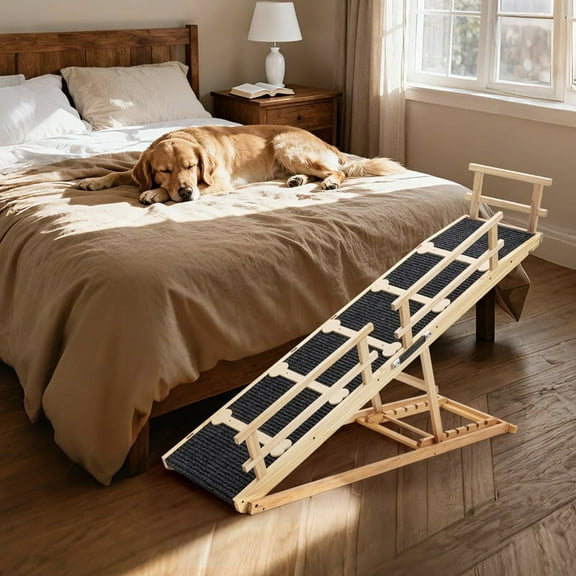 PERIMIDOME 64'' Adjustable Wooden Pet Ramp,Height from 15.4" to 32.7'',Dog Ramps with Non‑Slip Carpet Surface for Sofa,Bed,Cars