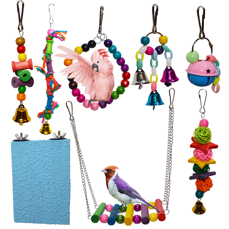 PERIQUITO 8 Pcs Bird Toys Parrot Toys Parakeet Toys for Small Birds Parrot Budgie Budgerigar Parakeet Love Bird Peony Cockatiel Toys Finch Wood Hammock Swing Hanging Bells Rope Ladder perches Walmart....