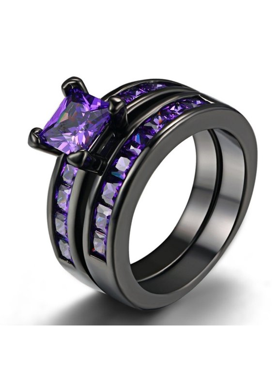 14K Black Gold-Plated Cube Promise Ring for Women and Men with Purple Cubic Zirconia, Size 12, 2-Piece Set, Presented in Gift Box