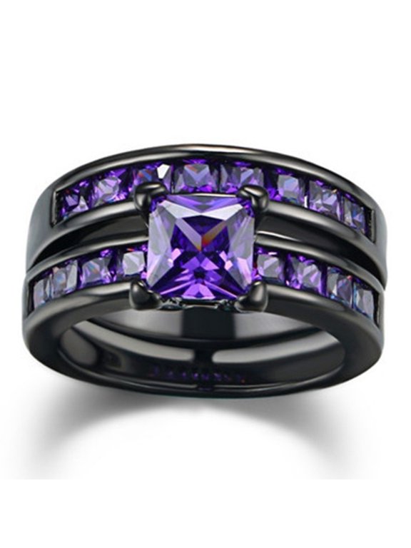 14K Black Gold-Plated Cube Semi Eternity Ring for Women and Men with Purple Cubic Zirconia, Size 7, 2-Piece Set, Presented in Gift Box