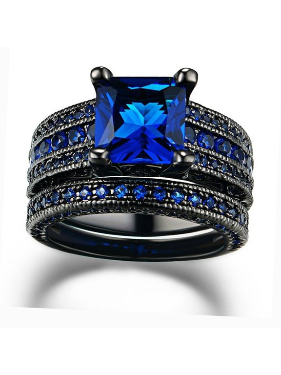 14K Black Gold-Plated Cube Stacking Ring for Women and Men with Blue Cubic Zirconia, Daily Wear, Size 9, 2-Piece Set, Presented in Gift Box