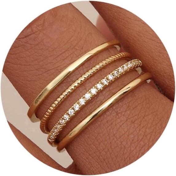 PERITANG 14K Gold Plated Stackable Ring Set for Women – 4-Piece 1.3mm Thin Minimalist Band with Cubic Zirconia, Sizes 5–10
