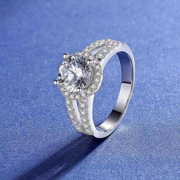 PERITANG 2 Karat Moissanite Ring Double Row Pattern All-Matching Graceful Closed Platinum plated Ring Engagement Wedding Rings for Women, Teen