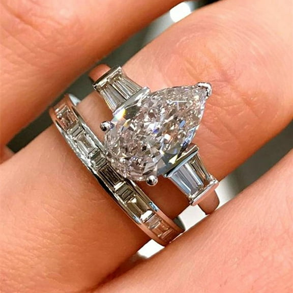 PERITANG 2pcs His and Hers Wedding Ring Sets Couples Engagement Rings Women and Men 925 Sterling Silver AAA Cubic Zirconia Exaggerated Water Drop Design