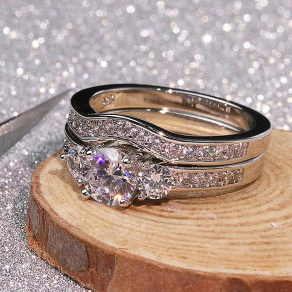 PERITANG 2pcs His and Hers Wedding Ring Sets Couples Engagement Rings Women and Men 925 Sterling Silver AAA Cubic Zirconia White Gold Plated Couple Combination Ring Set
