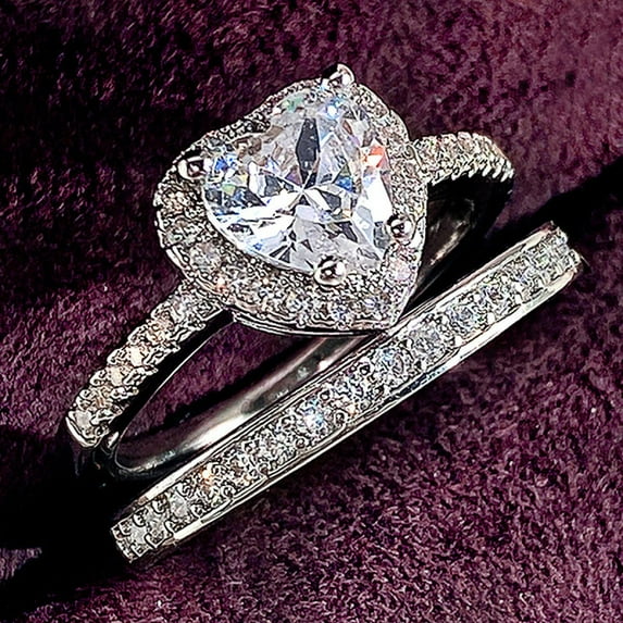 PERITANG 2pcs His and Hers Wedding Ring Sets Couples Engagement Rings Women and Men 925 Sterling Silver Heart Cubic Zirconia Double Layer Two-in-One Combination