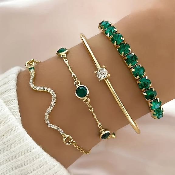 PERITANG 4pcs/set Stylish and Versatile 14K Gold Plated Bracelets Set for Women - Clavicle Chain, Cuba Link, Herringbone, Twisted Rope - Perfect Jewelry Gift