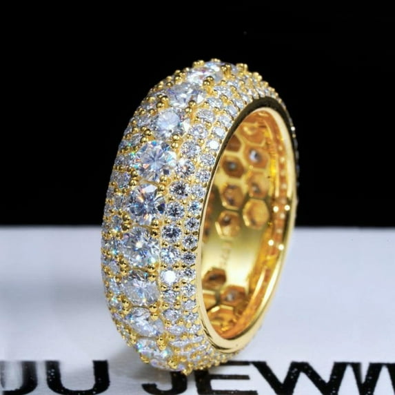PERITANG 9/13MM Full Moissanite Synthetic 2 Colors Iced Out Five-Row Ring Hypoallergenic VVS1 Clarity Band Hiphop Rapper Party Anniversary Men Women Birthday Gift Engagement Wedding X0 A0 S0