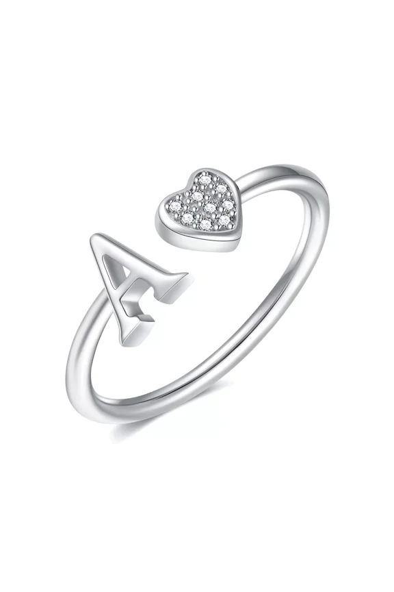925 Sterling Silver Heart Initial Women Stackable Adjustable Ring With Heart Alphabet Letter A-Z