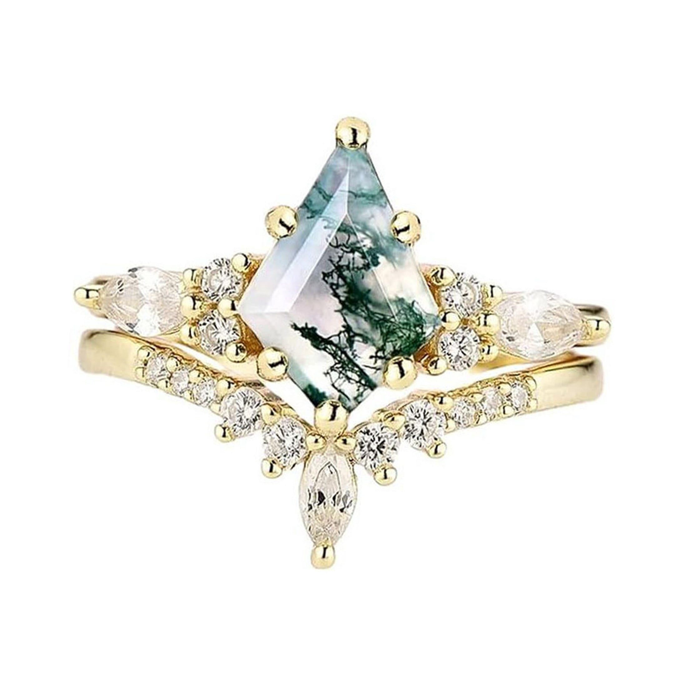 Wedding Rig Box PERITANG Women's 14K Yellow Gold-Plated Rhombus Bridal Semi Eternity ...
