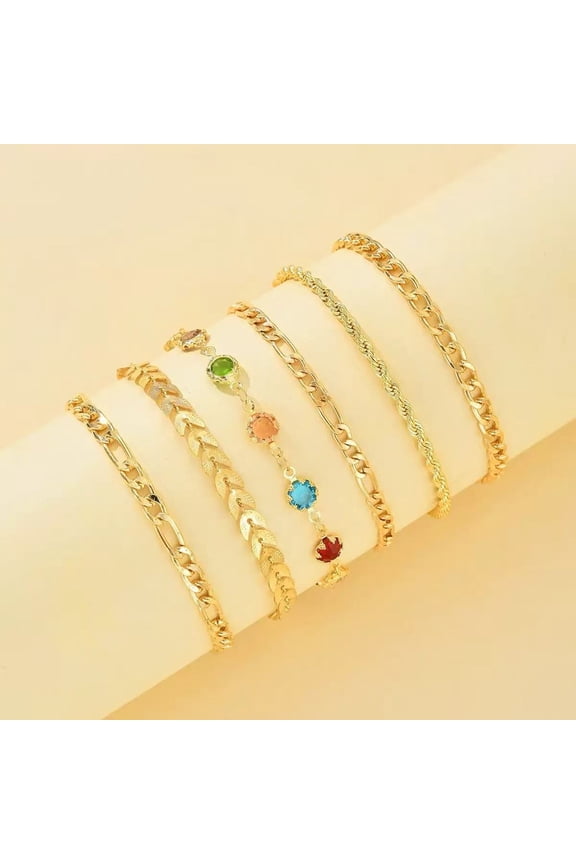 Gold Plated 2 Ct Synthetic Jade Anklet 8 and a Half Inch for Women with Cable Star Design 6 Piece Set