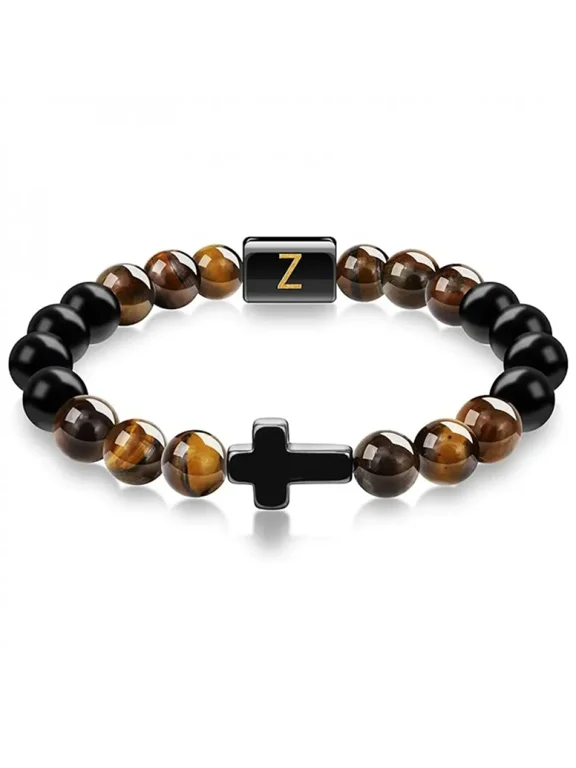 Initial Letter Beaded Bracelet with Cross Accent, Onyx and Tiger Eye Stone Jewelry