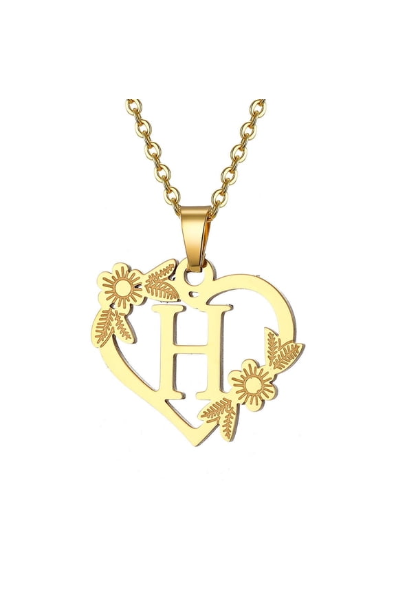 Jewelry Initial Pendant Necklace for Men Womens, 14K Gold Plated Heart Flower Letter Capital Necklace Alphabets from A-Z Figaro Chain Necklace