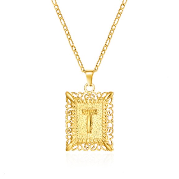 PERITANG Jewelry Initial Pendant Necklace for Men Womens, 14K Gold Plated Square Letter Capital Necklace Alphabets from A-Z Figaro Chain Necklace