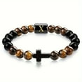 thumbnail image 1 of PERITANG Initial Letter Beaded Bracelet with Cross Accent, Onyx and Tiger Eye Stone Jewelry, 1 of 7