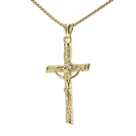 PERITANG Mens Cross Pendant Necklace Gold Color Silver Black Tone 3Mm Cuban Chain Box Link 18-24Inch Christ Necklace Jewelry