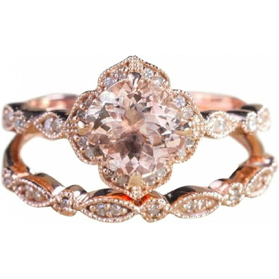 PERITANG Rings for Women,Jewelry 2PCS Rings,18K Rose Gold Plate Morganite& White Topaz Ring Set,Wedding Rings for Women 2 In 1,Birthday Gifts for Women,Gifts for Her,Jewelry Sale