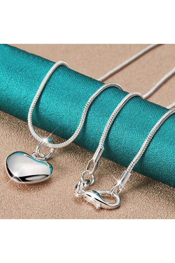 Stylish 925 Sterling Silver Plated Snake Chain Heart Pendant Necklace - Hypoallergenic, Perfect Couple Gift for Men and Women, Small, Necklaces