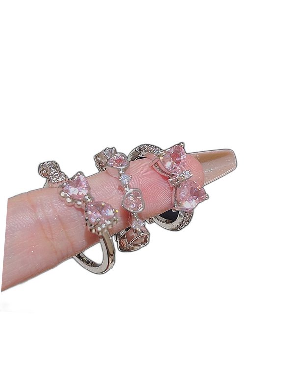 Women's 14K White Gold-Plated Bow Stacking Ring with Pink Cubic Zirconia, Daily Wear, Size Adjustable, 3-Piece Set, Presented in Gift Box
